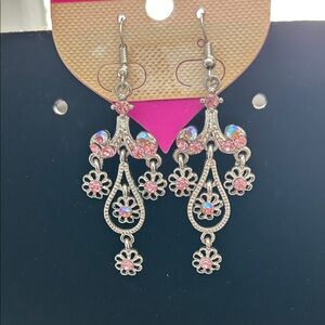 Silvertone Pink Iridescent Rhinestone Chandelier Earrings - NWT